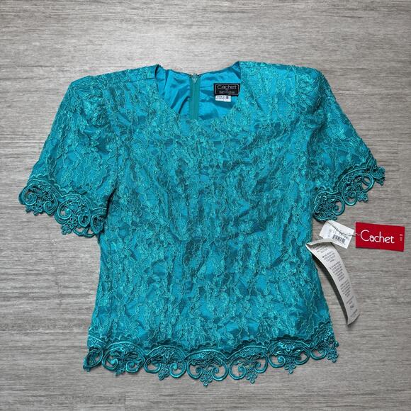 VTG Cachet Bari Protas 80s Lace Overlay Blouse Top 8 NWT USA Turquoise Back Zip - Picture 1 of 8